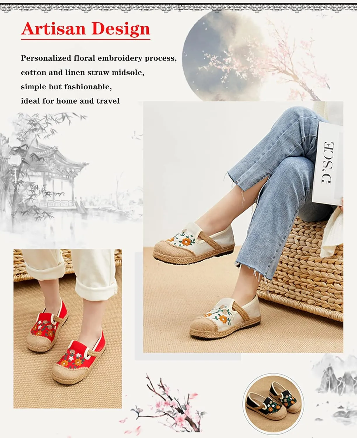 Micoklinlin Loafers for Women Girls Espadrilles Slip on Flat House Shoes Floral Embroidered Casual Cotton Linen Sneakers