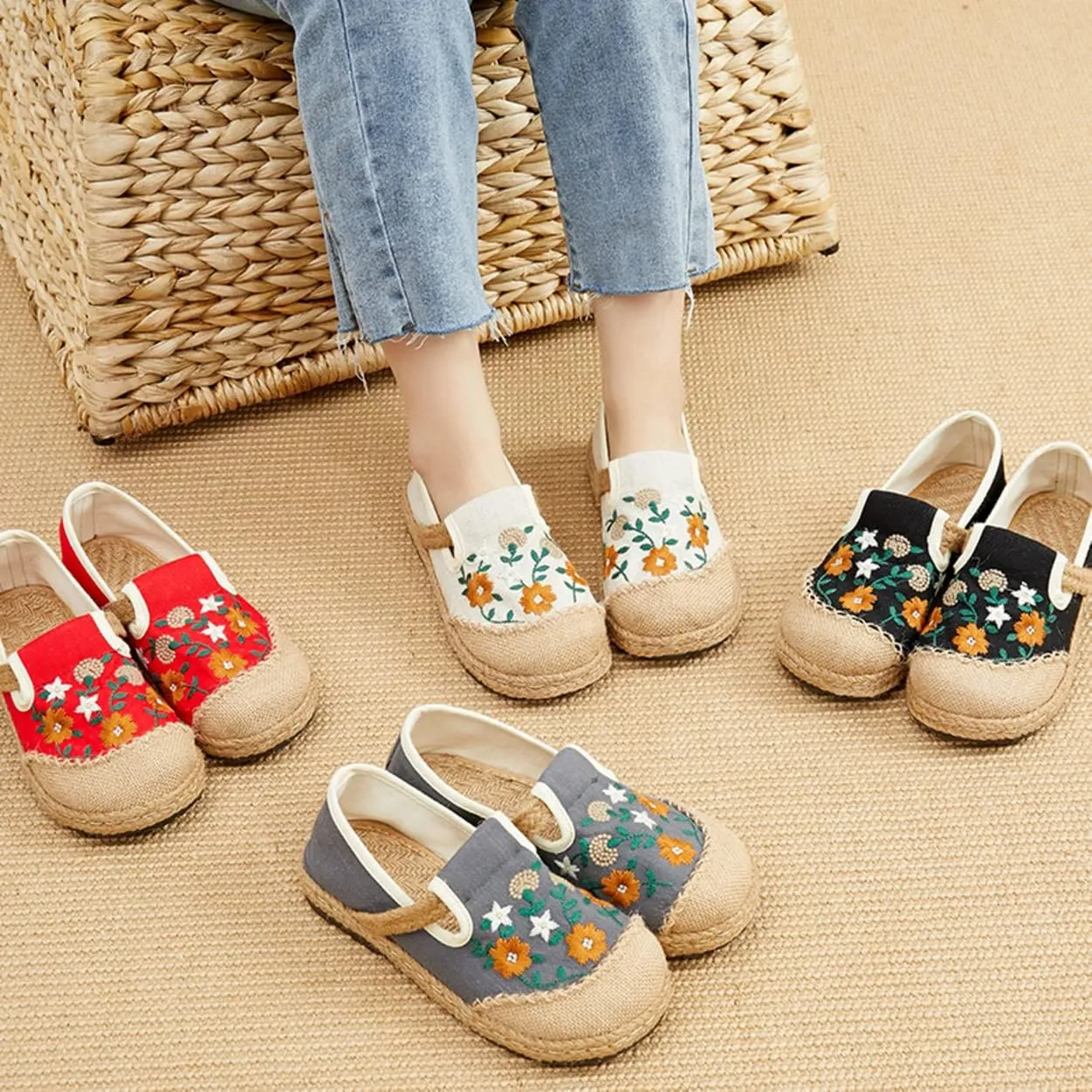 Micoklinlin Loafers for Women Girls Espadrilles Slip on Flat House Shoes Floral Embroidered Casual Cotton Linen Sneakers