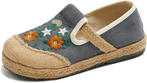 Micoklinlin Loafers for Women Girls Espadrilles Slip on Flat House Shoes Floral Embroidered Casual Cotton Linen Sneakers