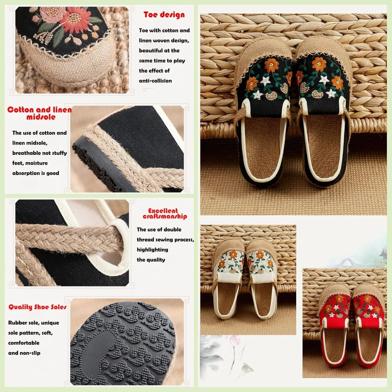 Micoklinlin Loafers for Women Girls Espadrilles Slip on Flat House Shoes Floral Embroidered Casual Cotton Linen Sneakers