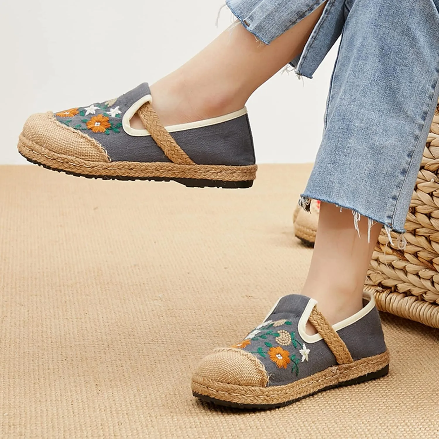 Micoklinlin Loafers for Women Girls Espadrilles Slip on Flat House Shoes Floral Embroidered Casual Cotton Linen Sneakers