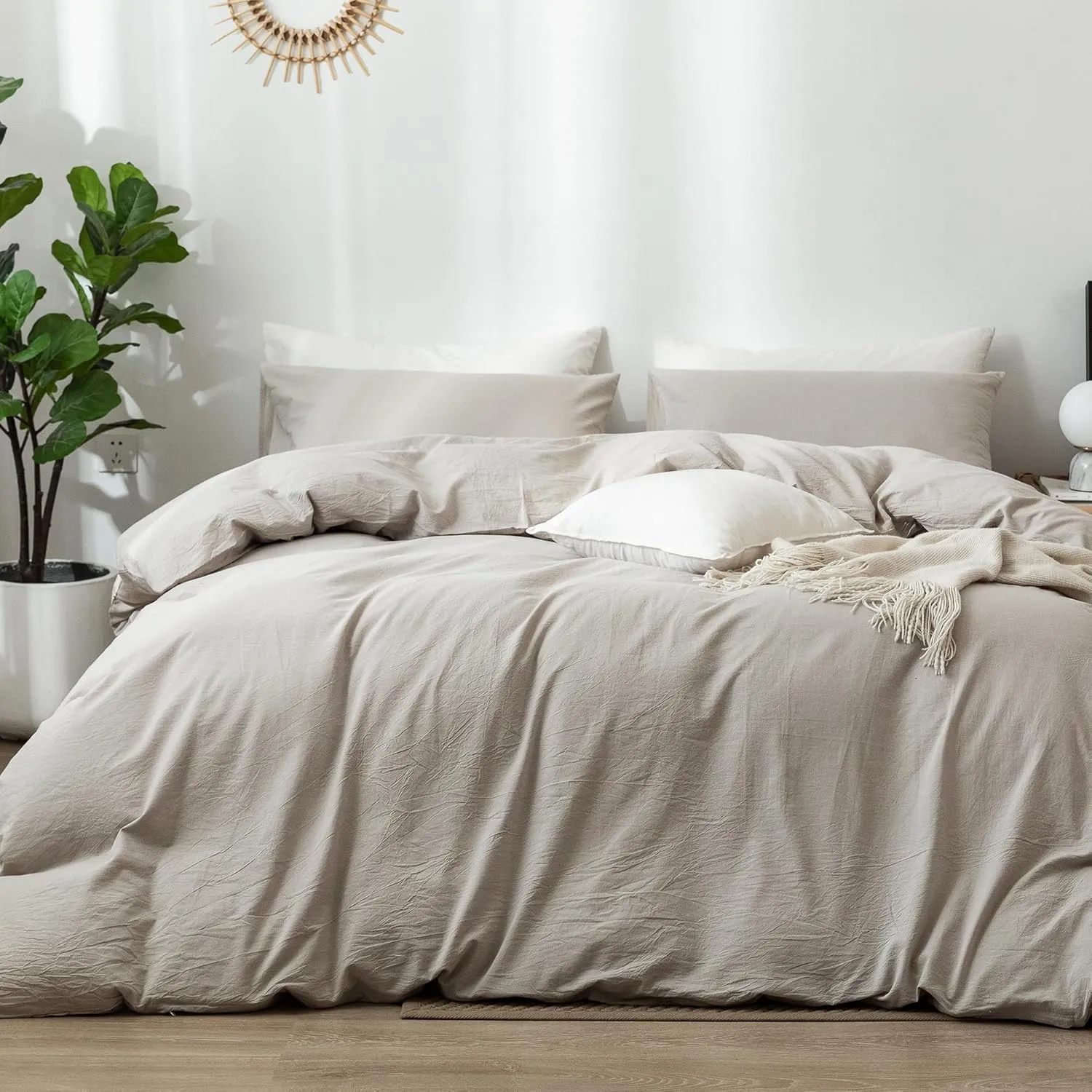 MooMee Bedding Duvet Cover Set 100% Washed Cotton Linen Like Textured Breathable Durable Soft Comfy (Heathered Cream Grey, King 104"x90")