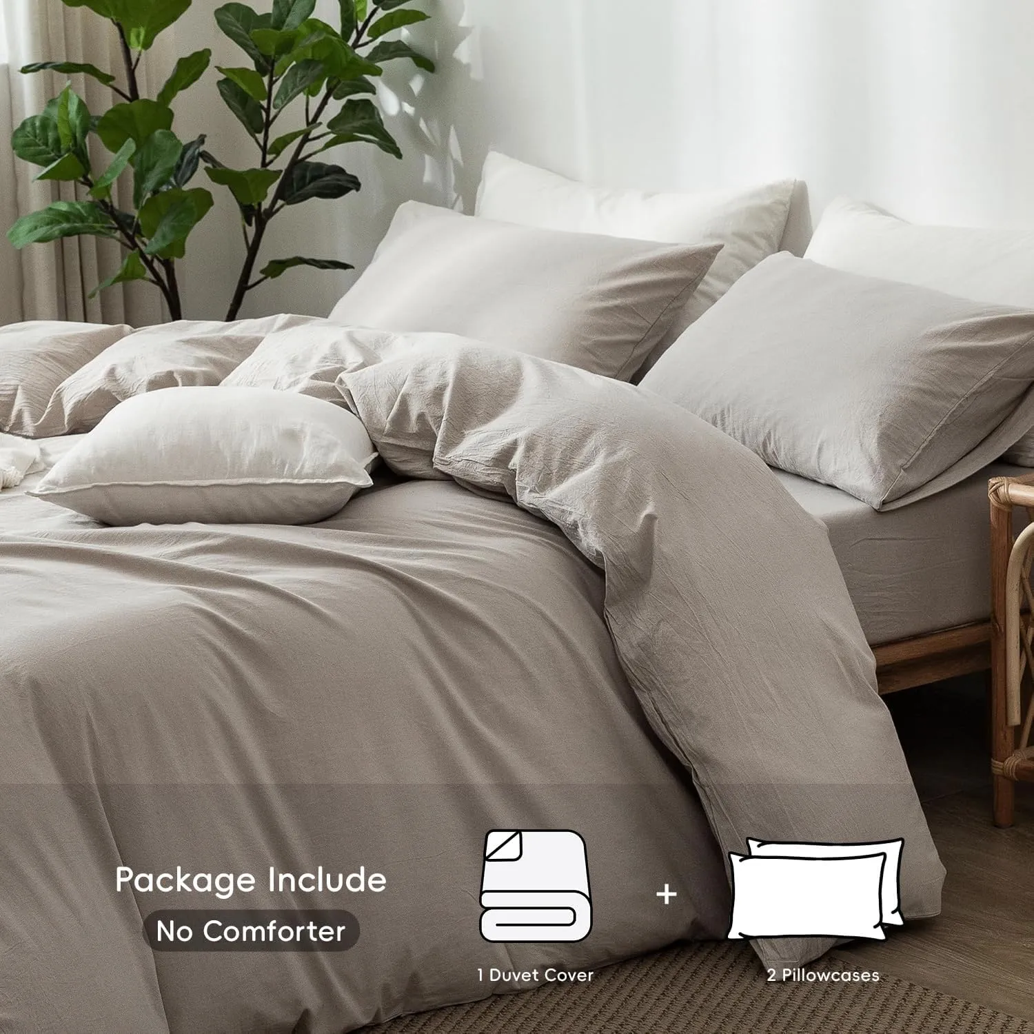 MooMee Bedding Duvet Cover Set 100% Washed Cotton Linen Like Textured Breathable Durable Soft Comfy (Heathered Cream Grey, King 104"x90")