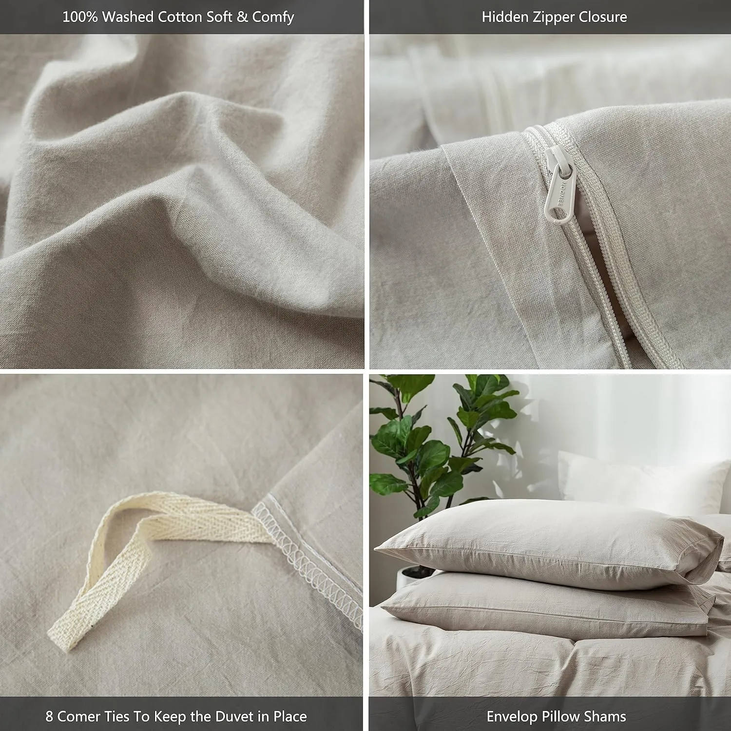 MooMee Bedding Duvet Cover Set 100% Washed Cotton Linen Like Textured Breathable Durable Soft Comfy (Heathered Cream Grey, King 104"x90")
