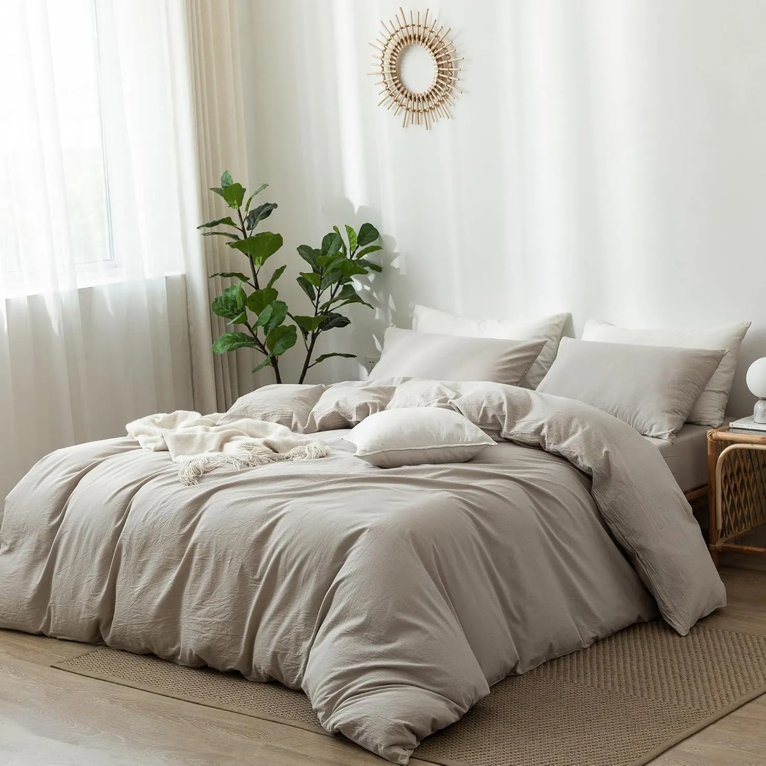 MooMee Bedding Duvet Cover Set 100% Washed Cotton Linen Like Textured Breathable Durable Soft Comfy (Heathered Cream Grey, King 104"x90")