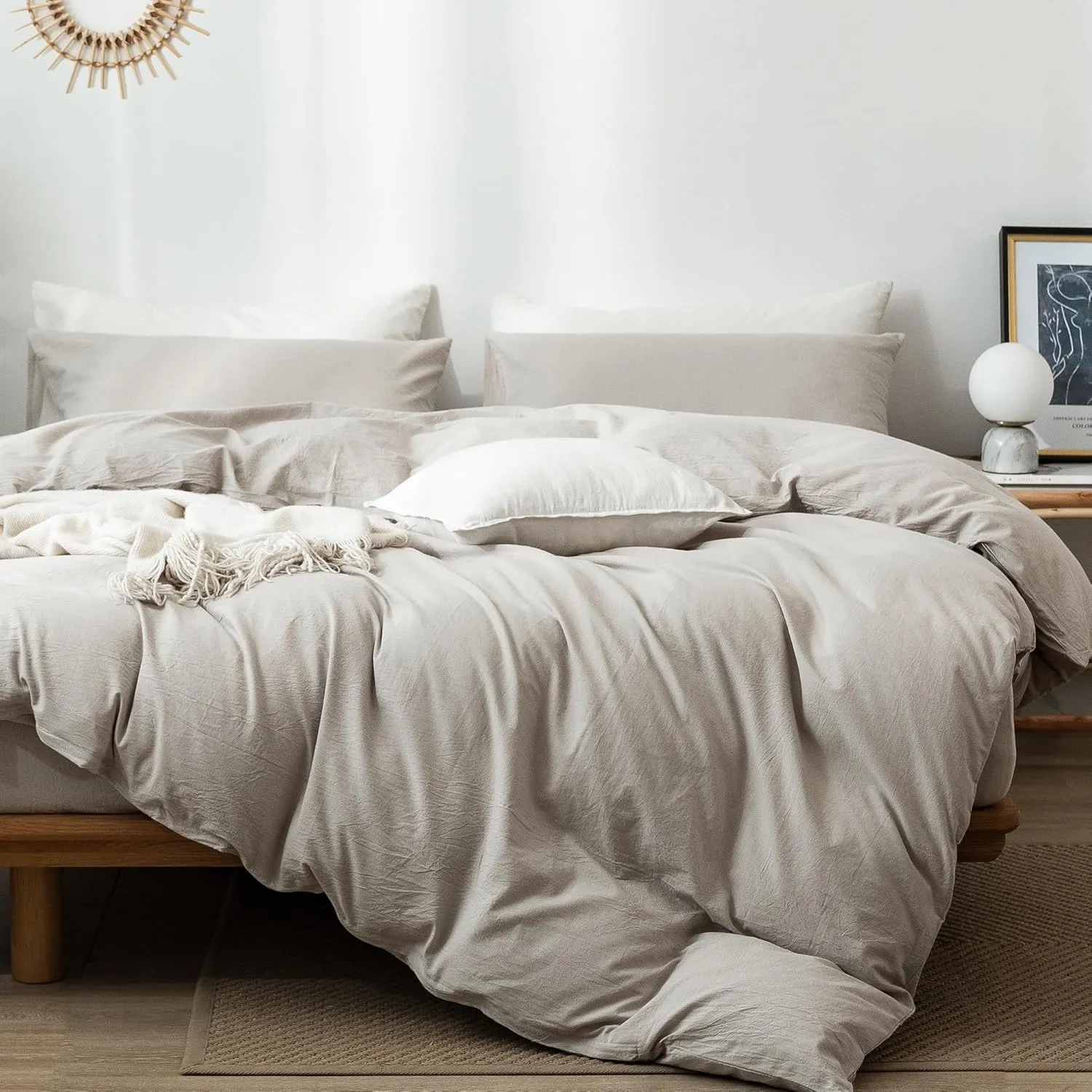 MooMee Bedding Duvet Cover Set 100% Washed Cotton Linen Like Textured Breathable Durable Soft Comfy (Heathered Cream Grey, King 104"x90")