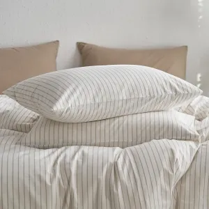 MooMee Bedding Pillowcases Striped Pack of 2 100% Washed Cotton Linen Like Textured Breathable Durable Soft Comfy (White Tannish Linen Grey Wide Stripes, King)