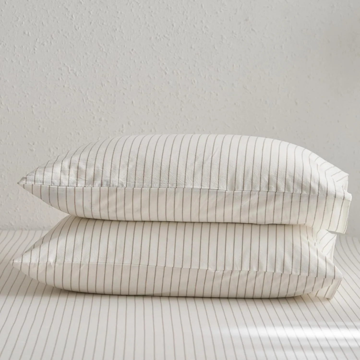 MooMee Bedding Pillowcases Striped Pack of 2 100% Washed Cotton Linen Like Textured Breathable Durable Soft Comfy (White Tannish Linen Grey Wide Stripes, King)
