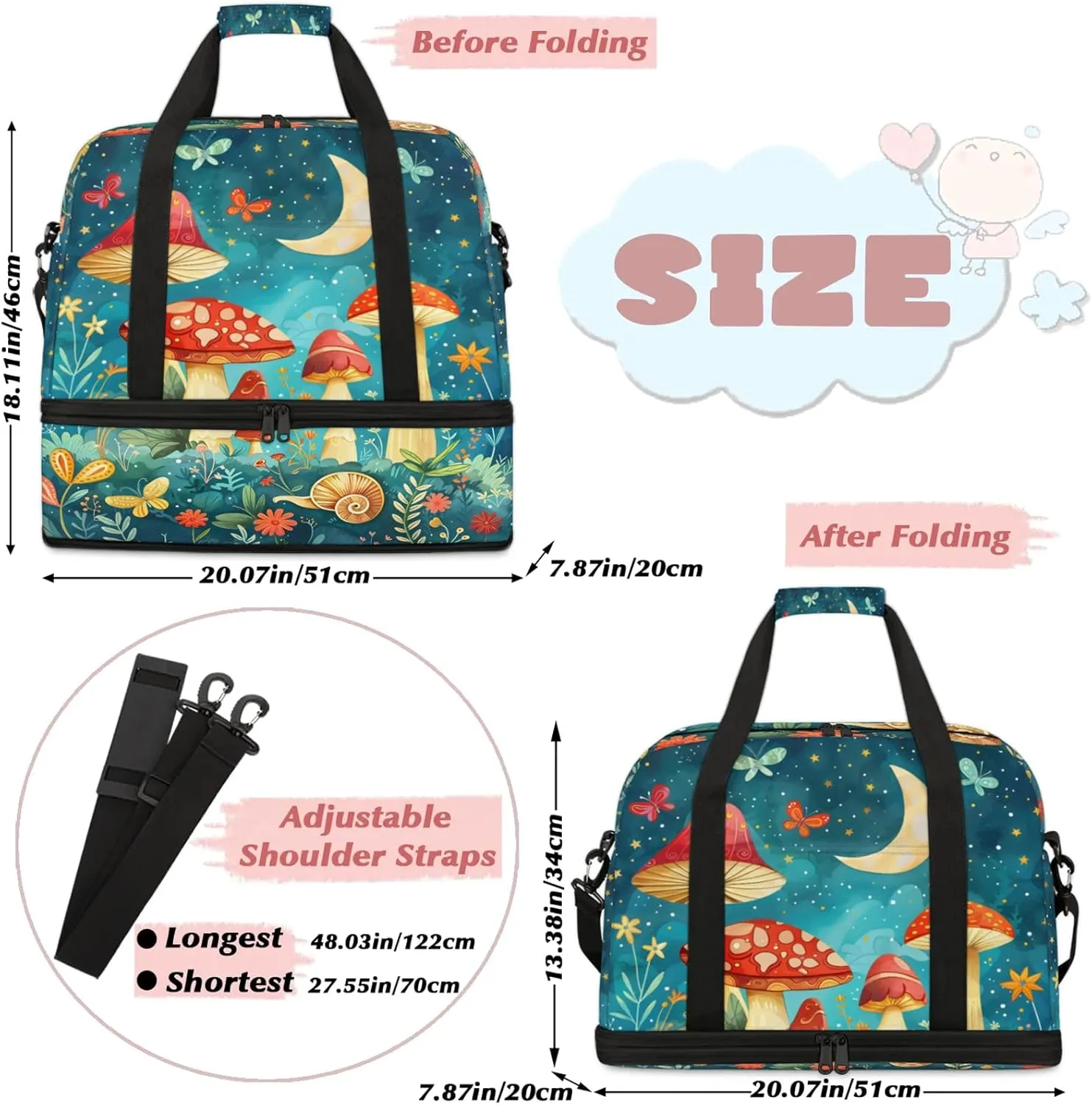 Moon Mushroom FlowerTravel Duffel Bags for Women & Men Large Sports Gym Bags Foldie Weekender Overnight Bag Carry On Tote Bag With Shoe Compartment Personal Item Bag for Travel Sports Gym