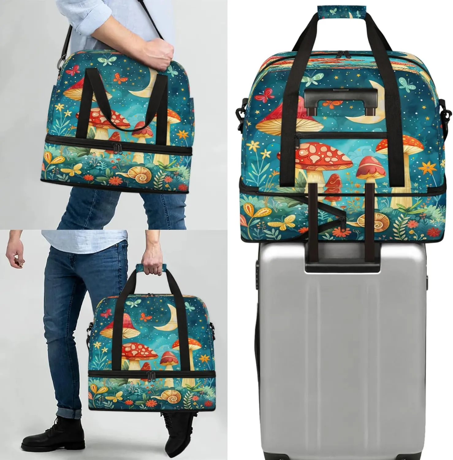 Moon Mushroom FlowerTravel Duffel Bags for Women & Men Large Sports Gym Bags Foldie Weekender Overnight Bag Carry On Tote Bag With Shoe Compartment Personal Item Bag for Travel Sports Gym