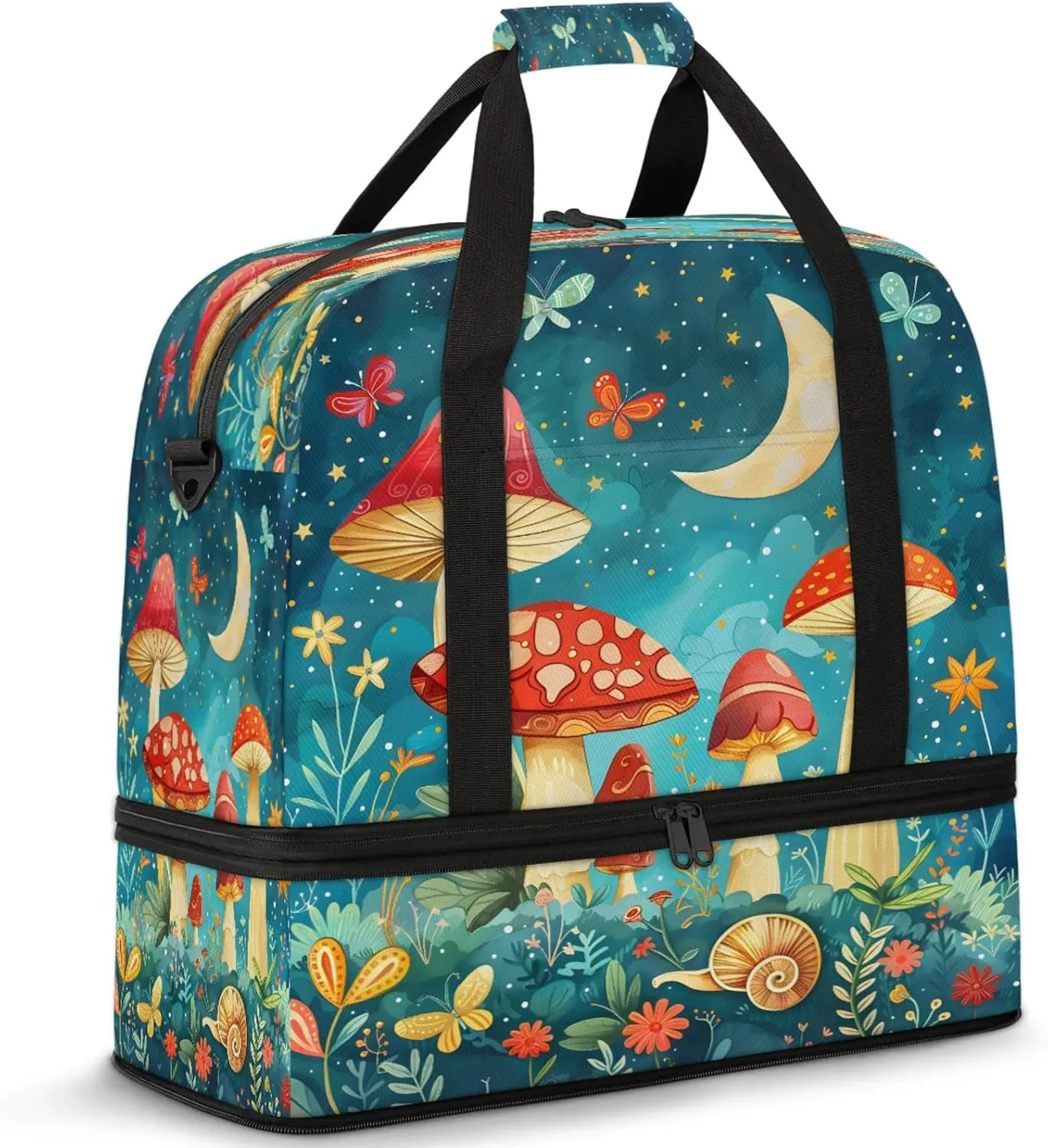 Moon Mushroom FlowerTravel Duffel Bags for Women & Men Large Sports Gym Bags Foldie Weekender Overnight Bag Carry On Tote Bag With Shoe Compartment Personal Item Bag for Travel Sports Gym