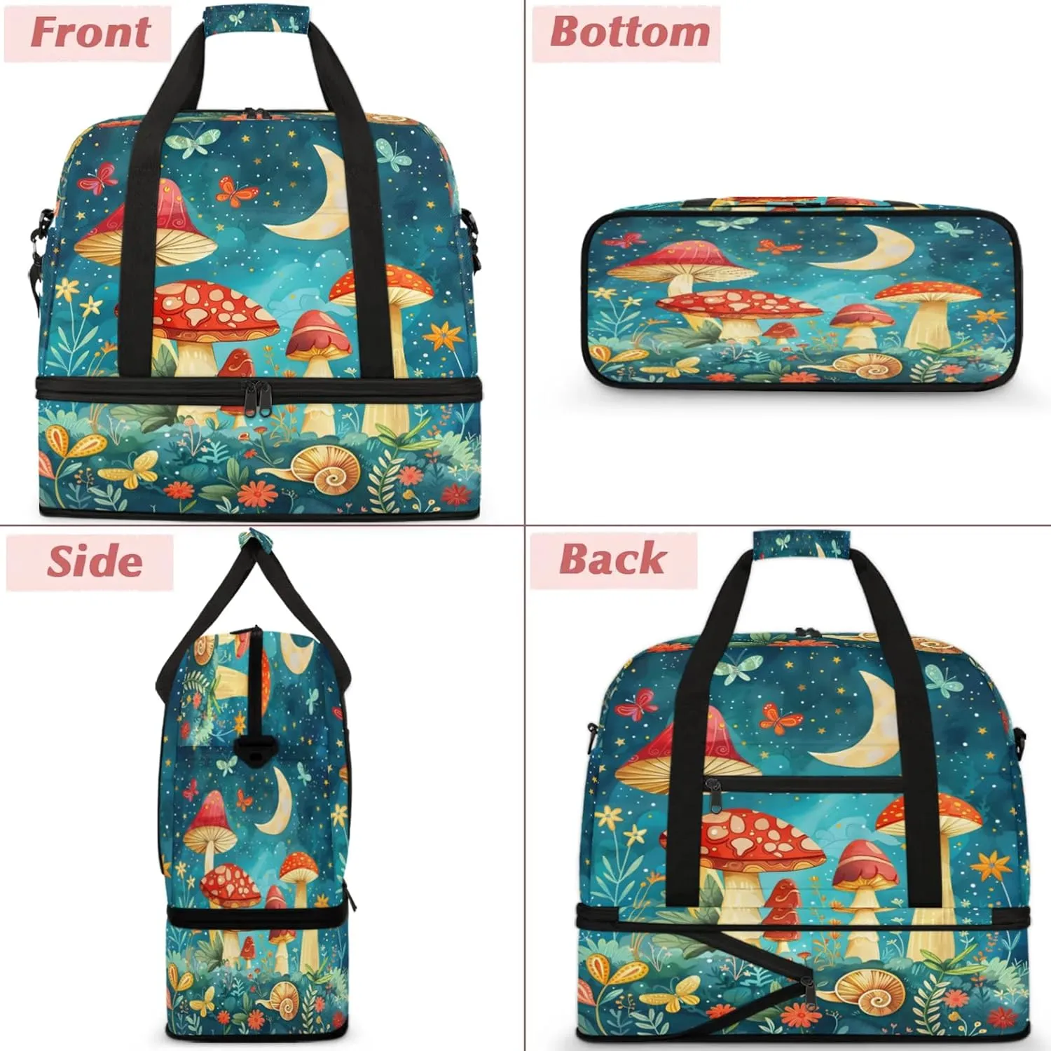 Moon Mushroom FlowerTravel Duffel Bags for Women & Men Large Sports Gym Bags Foldie Weekender Overnight Bag Carry On Tote Bag With Shoe Compartment Personal Item Bag for Travel Sports Gym