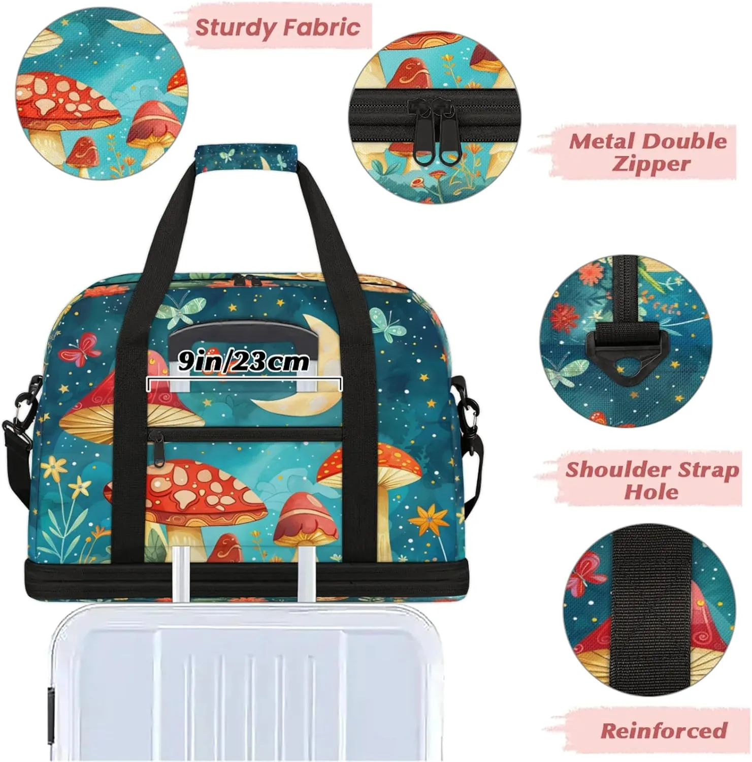 Moon Mushroom FlowerTravel Duffel Bags for Women & Men Large Sports Gym Bags Foldie Weekender Overnight Bag Carry On Tote Bag With Shoe Compartment Personal Item Bag for Travel Sports Gym
