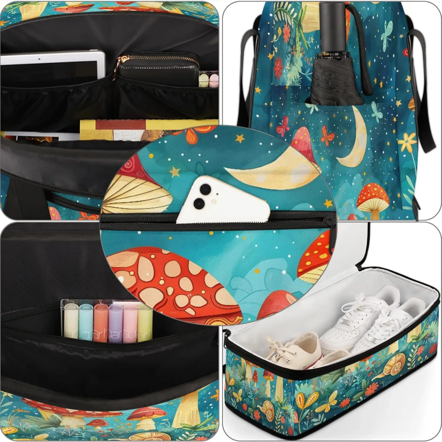 Moon Mushroom FlowerTravel Duffel Bags for Women & Men Large Sports Gym Bags Foldie Weekender Overnight Bag Carry On Tote Bag With Shoe Compartment Personal Item Bag for Travel Sports Gym