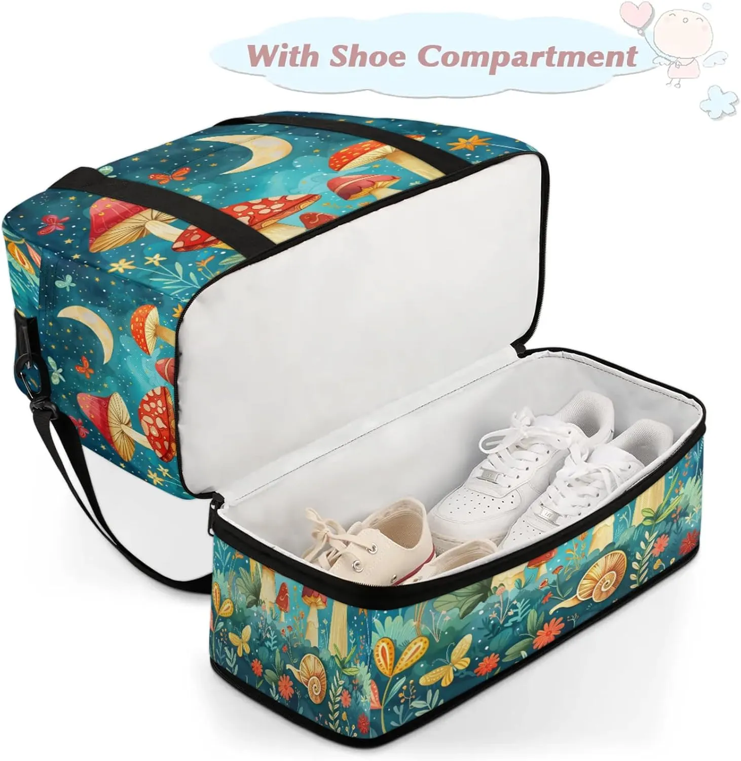 Moon Mushroom FlowerTravel Duffel Bags for Women & Men Large Sports Gym Bags Foldie Weekender Overnight Bag Carry On Tote Bag With Shoe Compartment Personal Item Bag for Travel Sports Gym