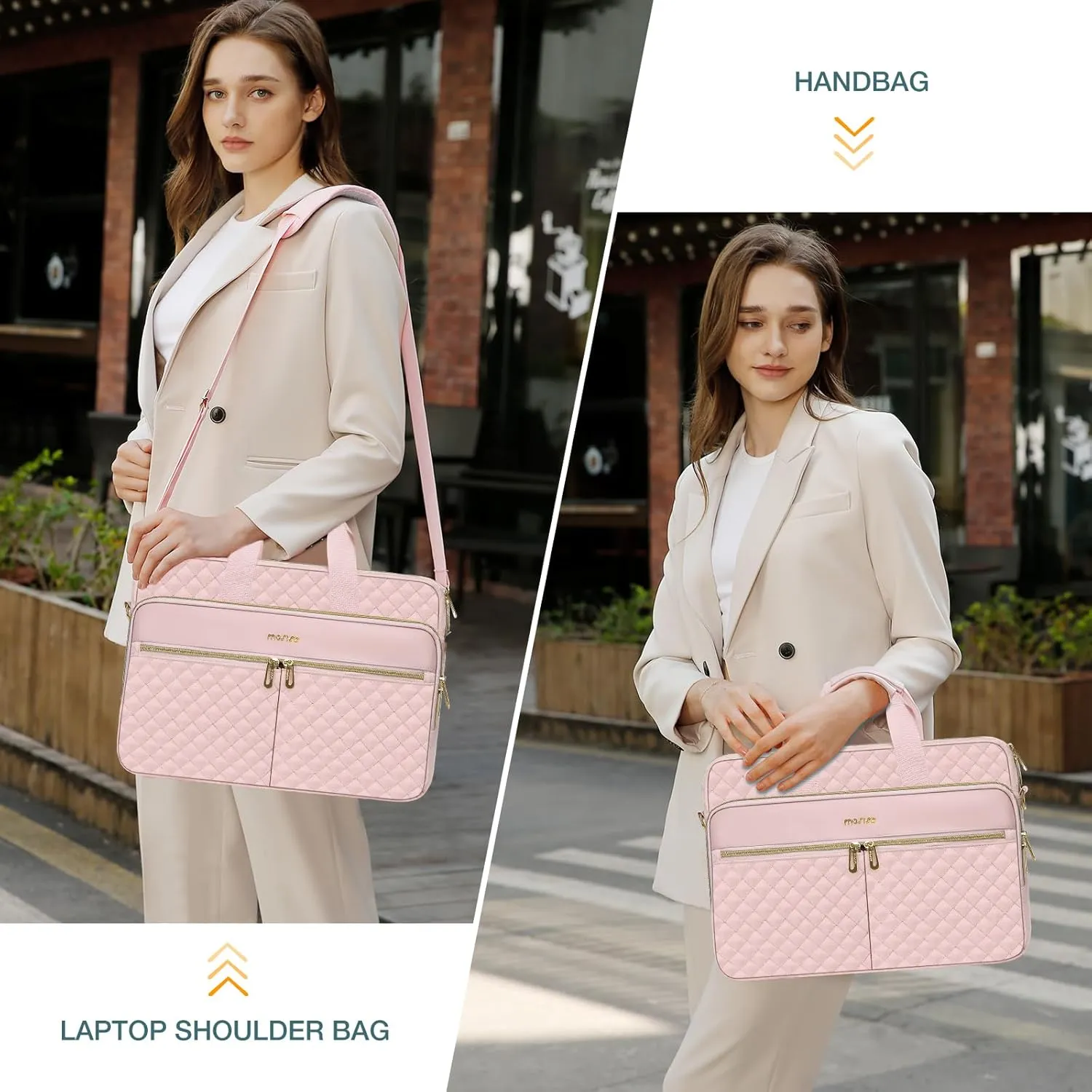 MOSISO 13-13.3 inch Laptop Bag, Briefcase for Women&Men, 14 inch Square Quilted Computer Messenger Bag Office Travel Business with 3 Pockets&Strap, Pink