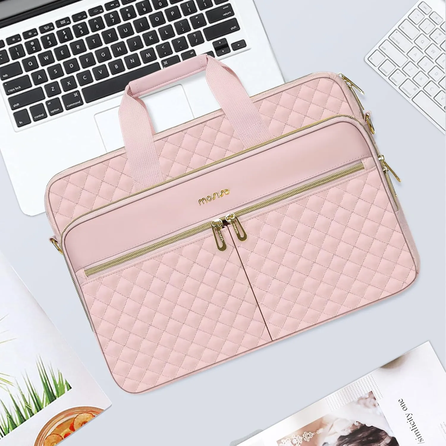 MOSISO 13-13.3 inch Laptop Bag, Briefcase for Women&Men, 14 inch Square Quilted Computer Messenger Bag Office Travel Business with 3 Pockets&Strap, Pink