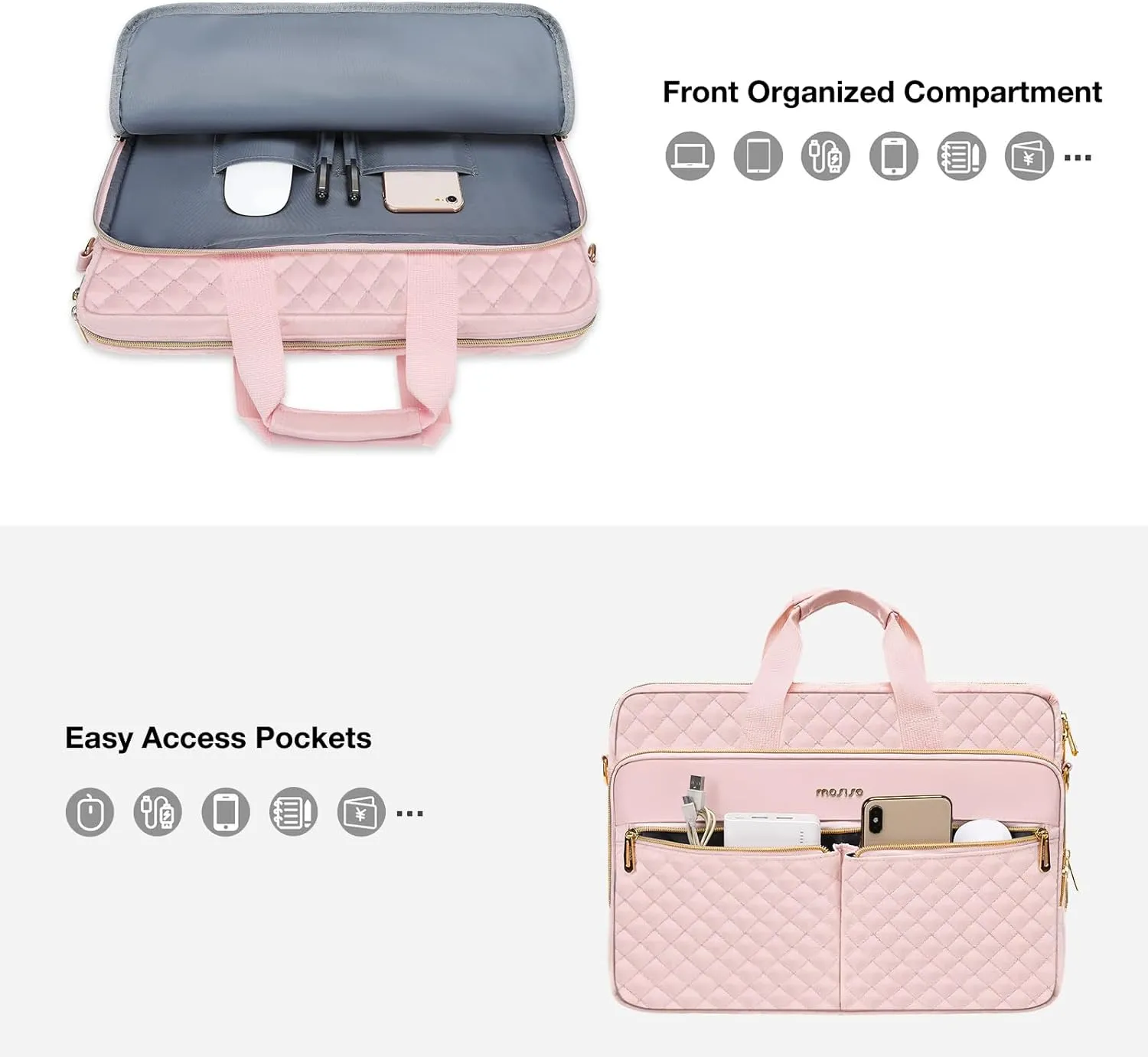 MOSISO 13-13.3 inch Laptop Bag, Briefcase for Women&Men, 14 inch Square Quilted Computer Messenger Bag Office Travel Business with 3 Pockets&Strap, Pink