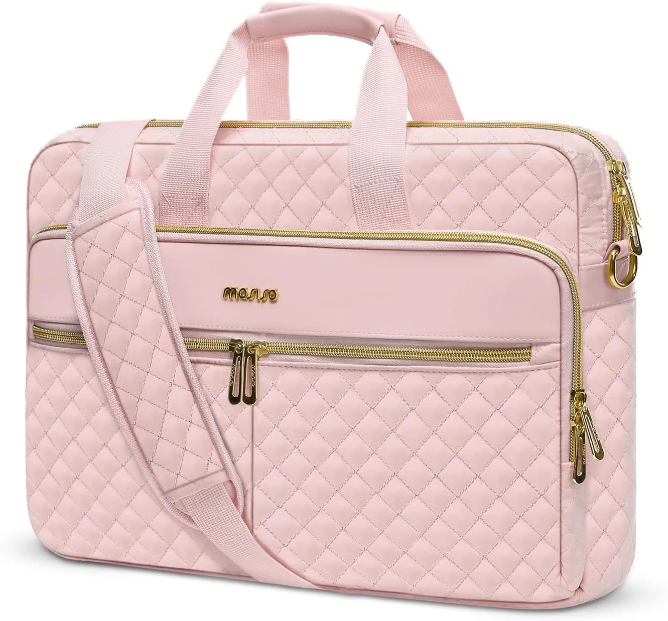 MOSISO 13-13.3 inch Laptop Bag, Briefcase for Women&Men, 14 inch Square Quilted Computer Messenger Bag Office Travel Business with 3 Pockets&Strap, Pink