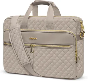 MOSISO 13-13.3 inch Laptop Bag, Briefcase for Women&Men, 14 inch Square Quilted Computer Messenger Bag Office Travel Business with 3 Pockets&Strap, Taupe Brown