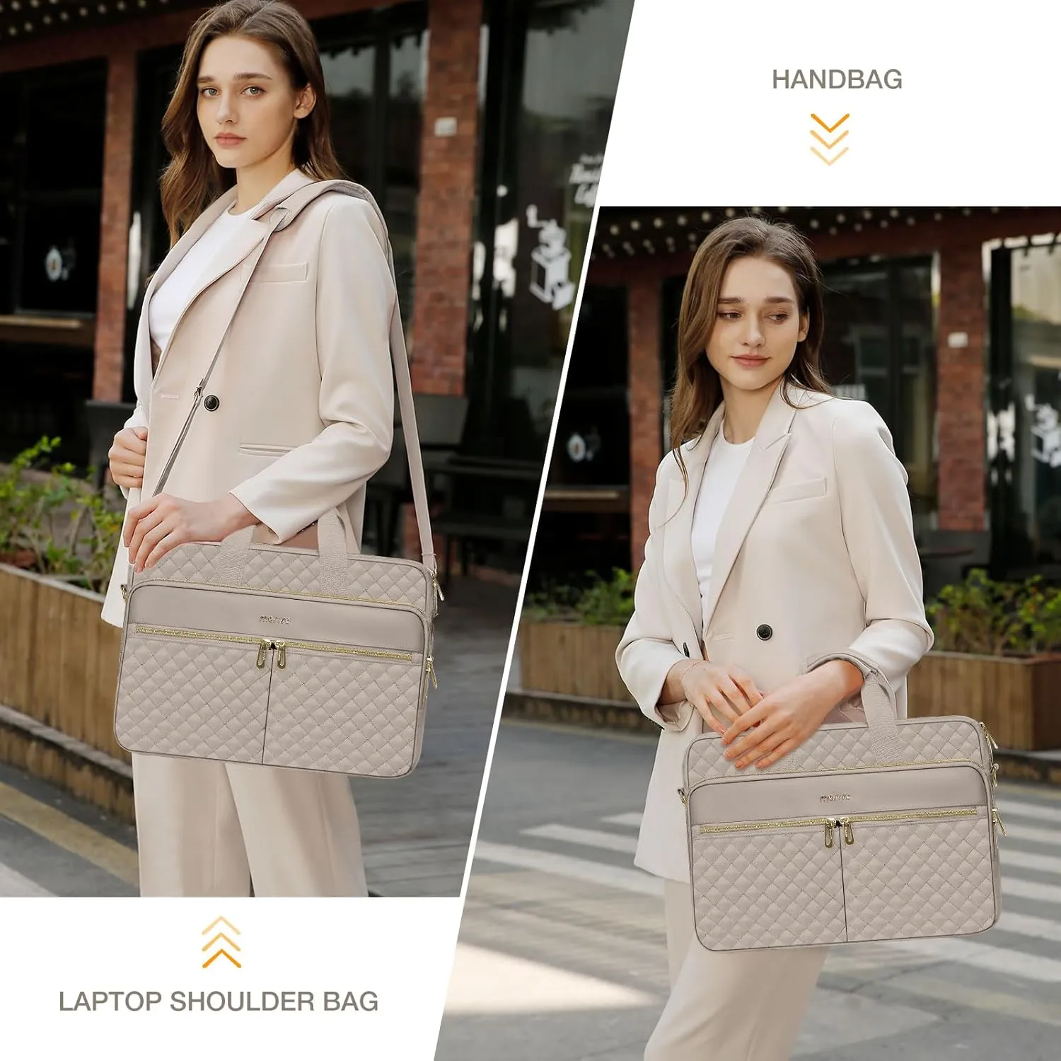 MOSISO 13-13.3 inch Laptop Bag, Briefcase for Women&Men, 14 inch Square Quilted Computer Messenger Bag Office Travel Business with 3 Pockets&Strap, Taupe Brown