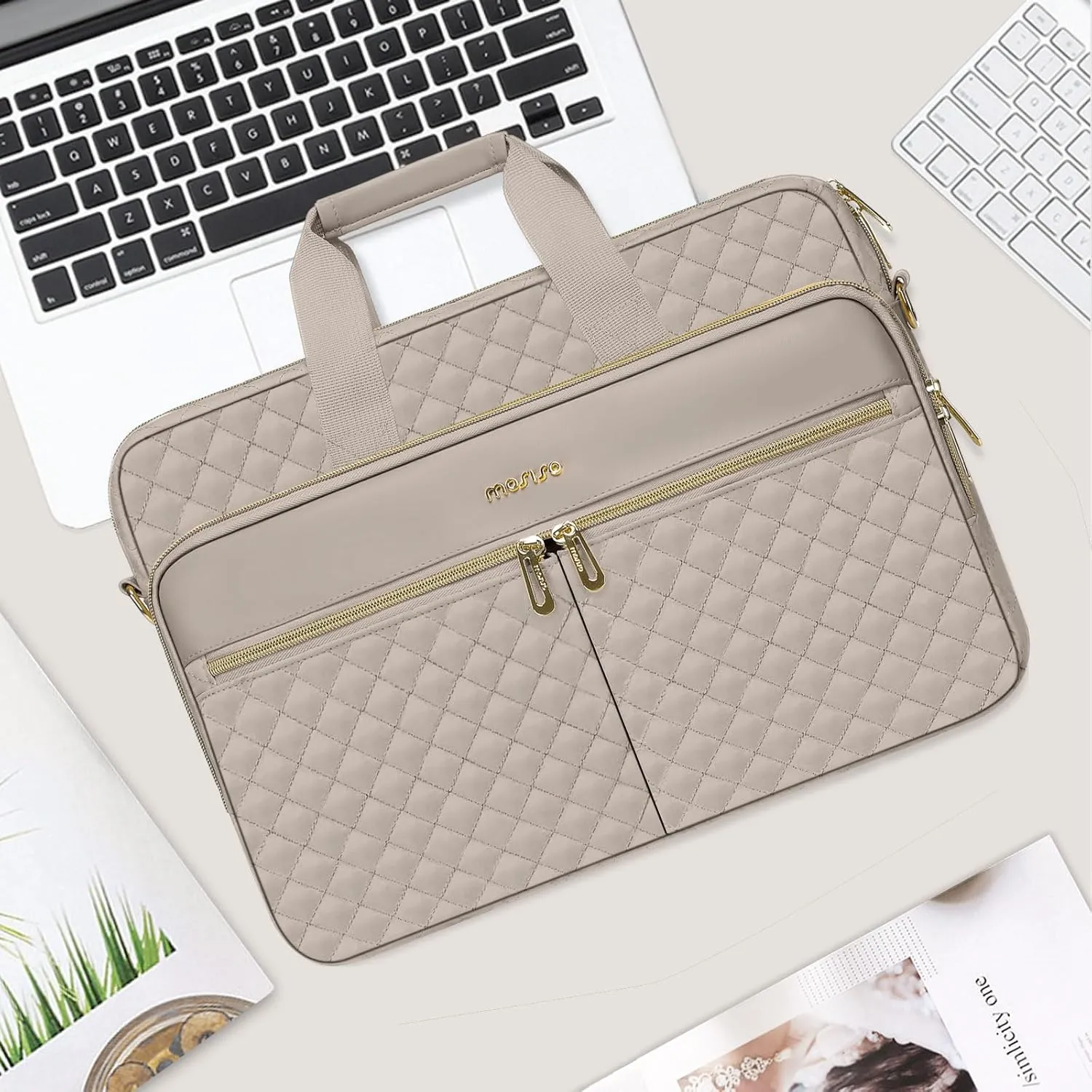 MOSISO 13-13.3 inch Laptop Bag, Briefcase for Women&Men, 14 inch Square Quilted Computer Messenger Bag Office Travel Business with 3 Pockets&Strap, Taupe Brown
