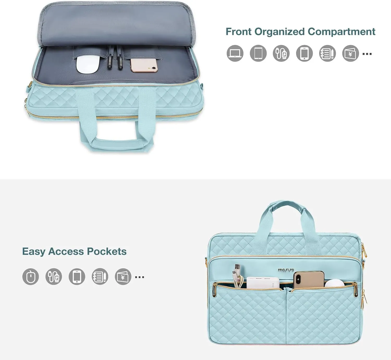 MOSISO 15-15.6 inch Laptop Bag, Briefcase for Women&Men, 16 inch Square Quilted Computer Messenger Bag Office Travel Business with 3 Pockets&Strap, Ice Blue
