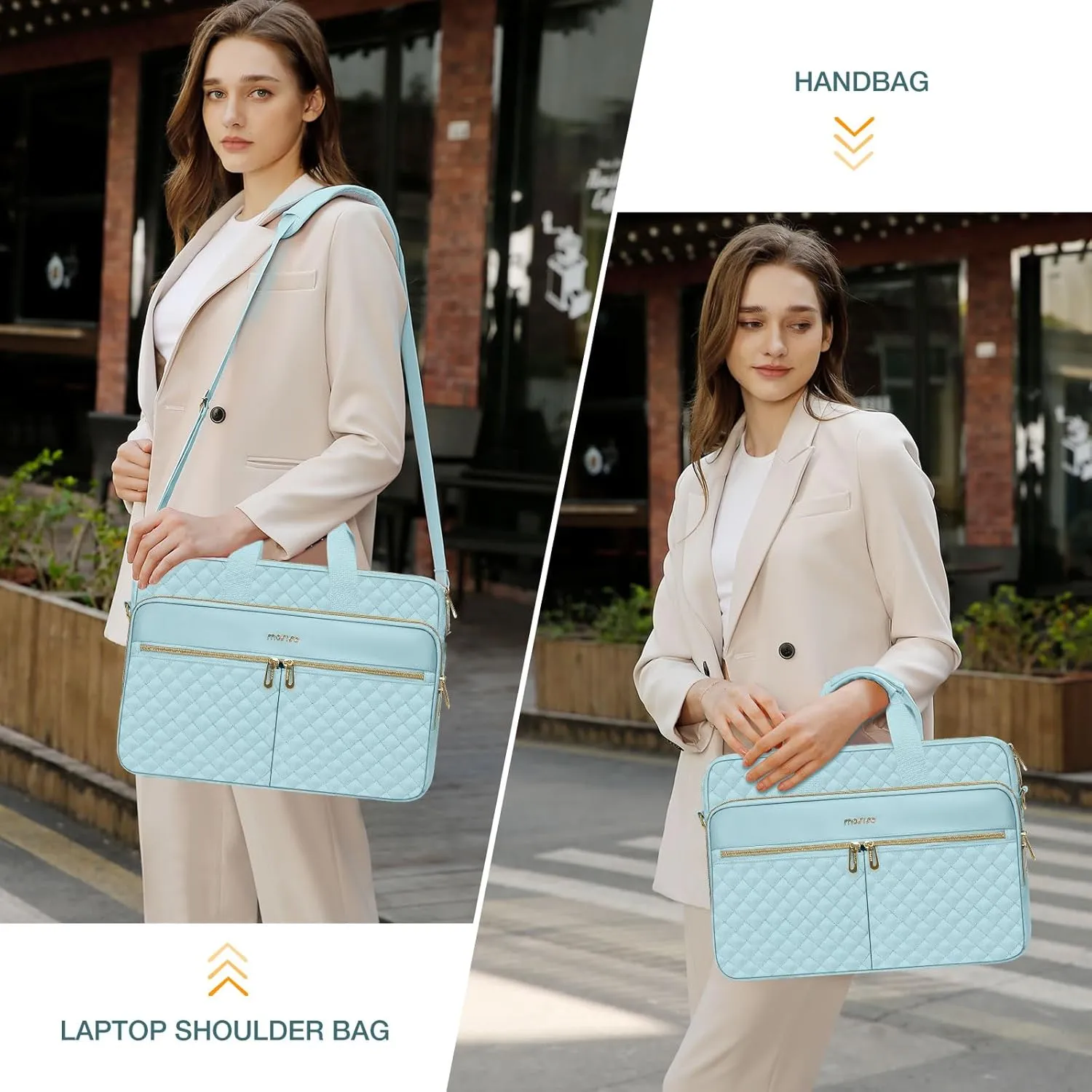 MOSISO 15-15.6 inch Laptop Bag, Briefcase for Women&Men, 16 inch Square Quilted Computer Messenger Bag Office Travel Business with 3 Pockets&Strap, Ice Blue