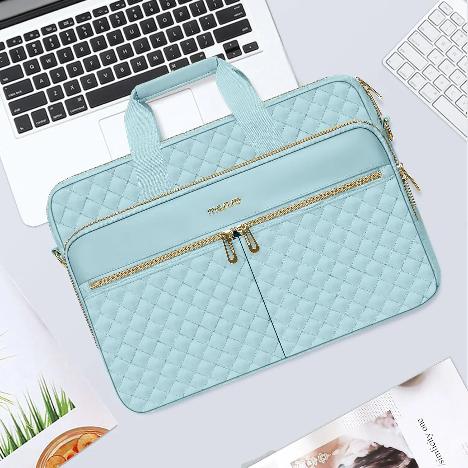 MOSISO 15-15.6 inch Laptop Bag, Briefcase for Women&Men, 16 inch Square Quilted Computer Messenger Bag Office Travel Business with 3 Pockets&Strap, Ice Blue