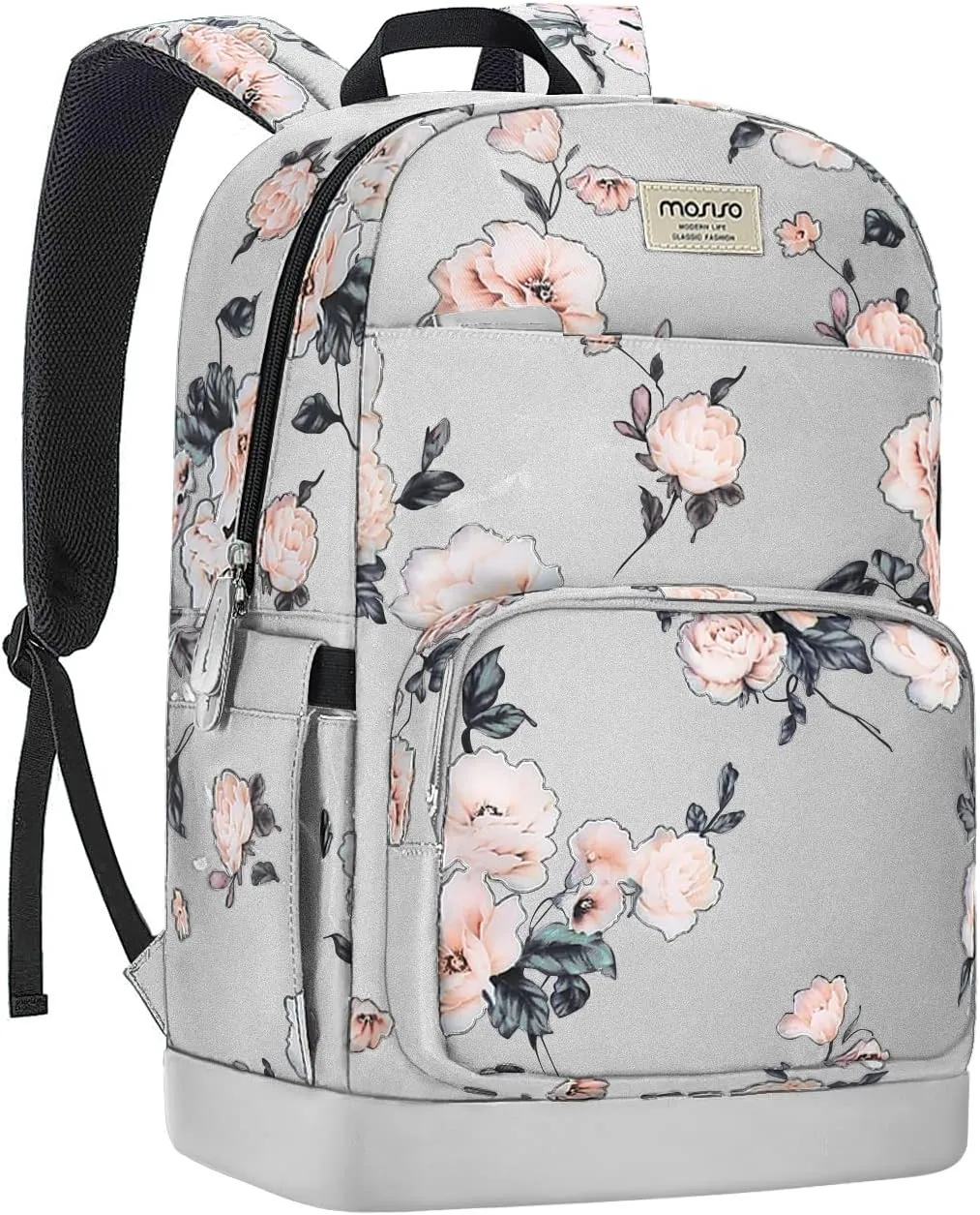 MOSISO 15.6-16 inch Laptop Backpack for Women, Polyester Anti-Theft Stylish Casual Daypack Bag with Luggage Strap & USB Charging Port, Camellia Travel Backpack, Grey