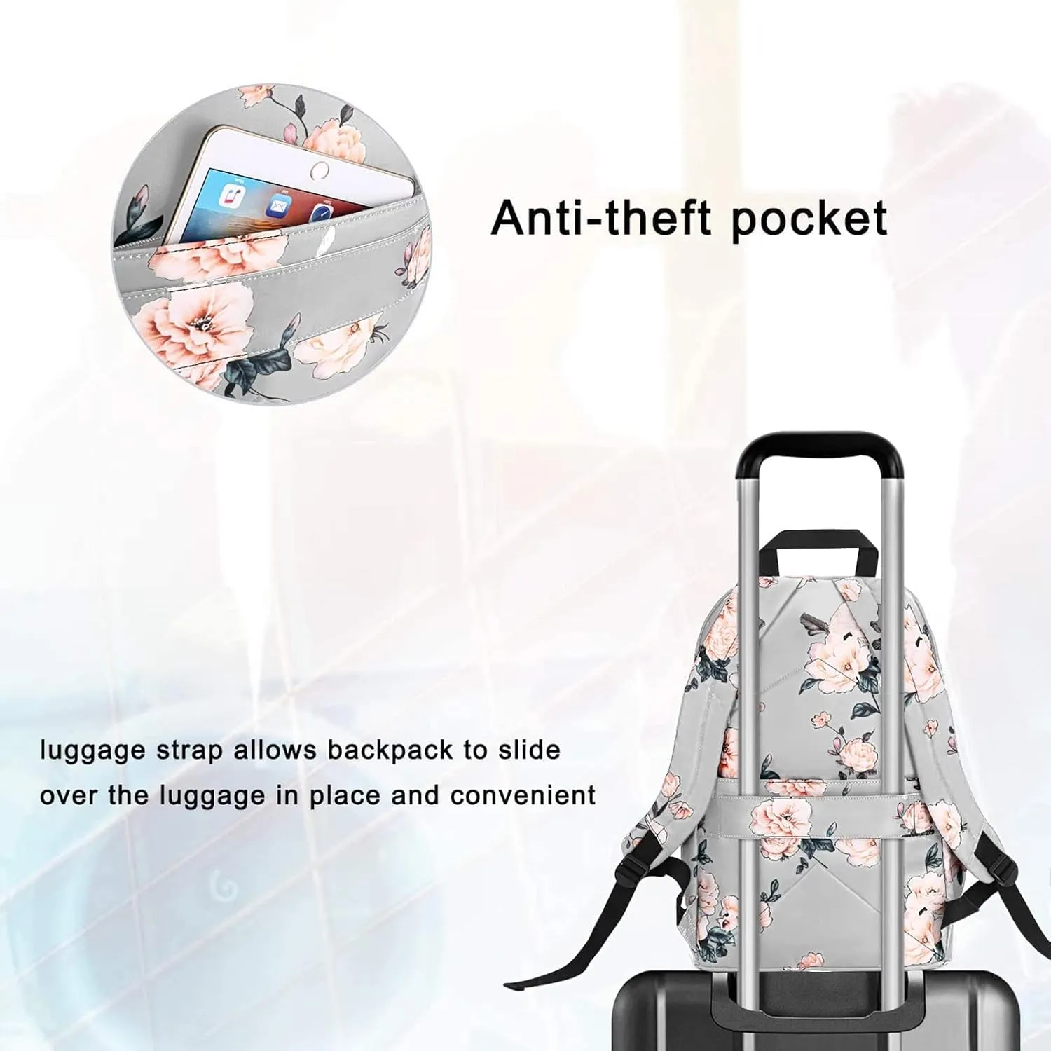 MOSISO 15.6-16 inch Laptop Backpack for Women, Polyester Anti-Theft Stylish Casual Daypack Bag with Luggage Strap & USB Charging Port, Camellia Travel Backpack, Grey