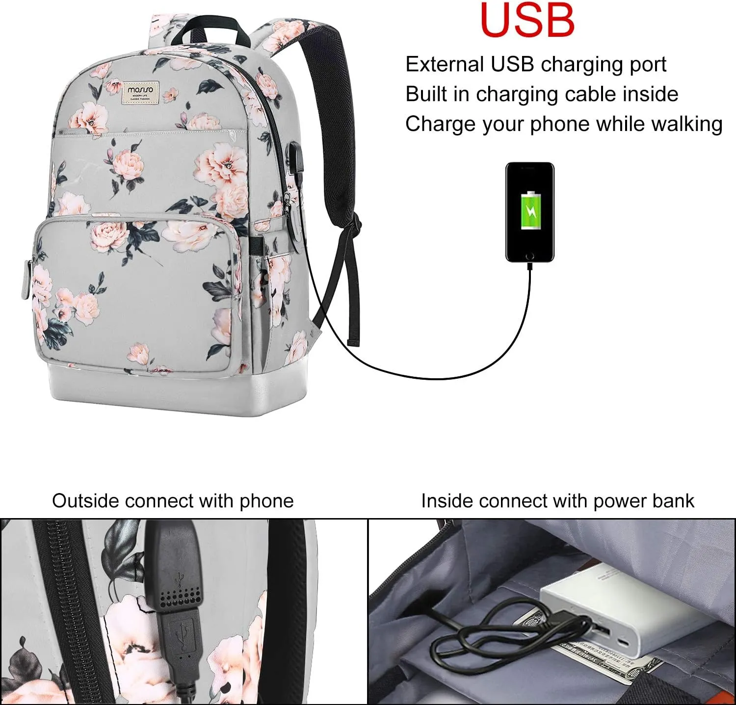 MOSISO 15.6-16 inch Laptop Backpack for Women, Polyester Anti-Theft Stylish Casual Daypack Bag with Luggage Strap & USB Charging Port, Camellia Travel Backpack, Grey