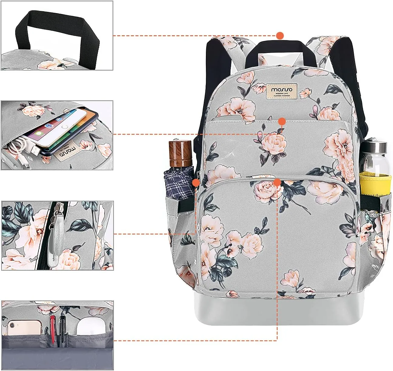 MOSISO 15.6-16 inch Laptop Backpack for Women, Polyester Anti-Theft Stylish Casual Daypack Bag with Luggage Strap & USB Charging Port, Camellia Travel Backpack, Grey