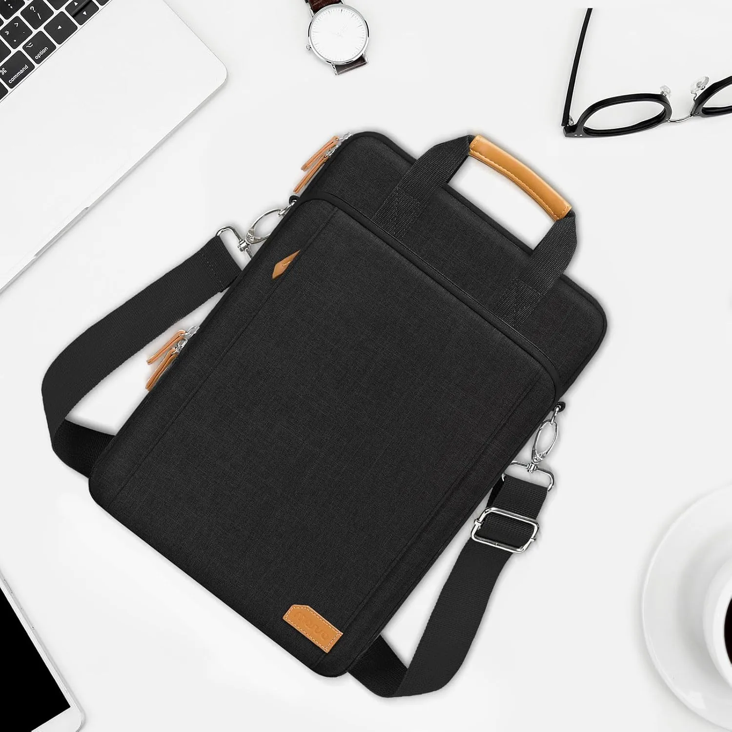 MOSISO 360 Protective Laptop Bag, 15.6 inch Vertical Computer Bag Compatible with MacBook Pro 16 inch, HP, Dell, Lenovo, Asus Notebook with Shoulder Strap & Front Raised & Vertical Pockets, Black