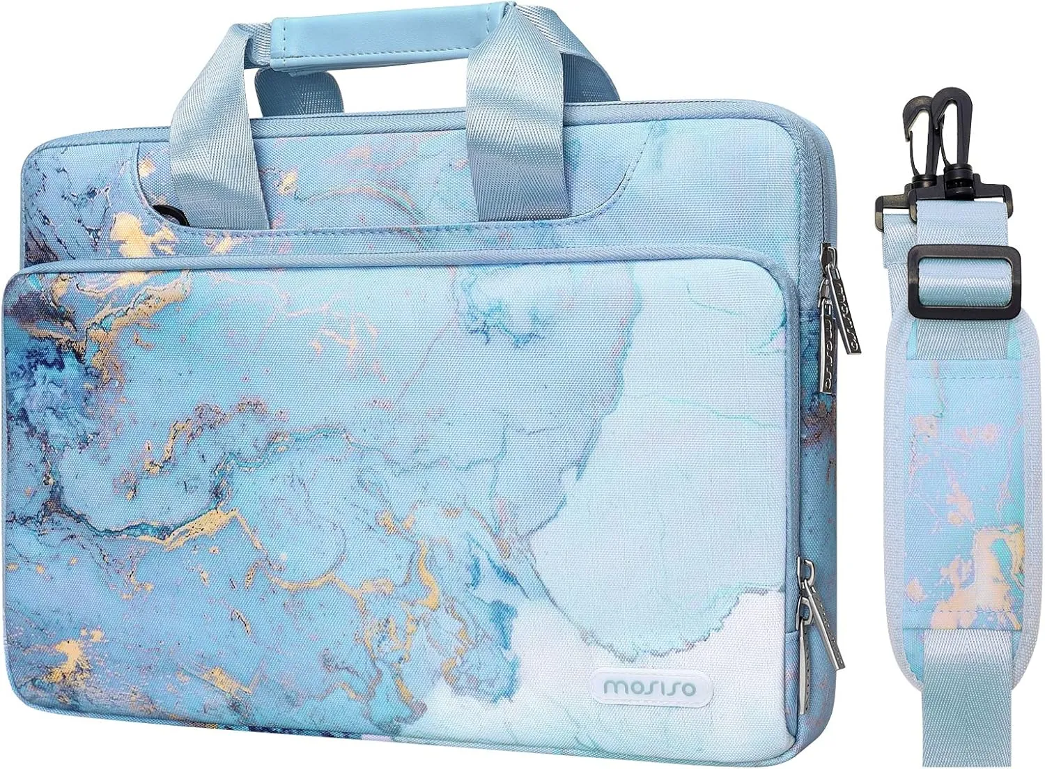 MOSISO 360 Protective Laptop Shoulder Bag Compatible with 17-17.3 inch Dell HP Acer Samsung Sony Chromebook Computer, Watercolor Marble Sleeve with Belt, Turquoise