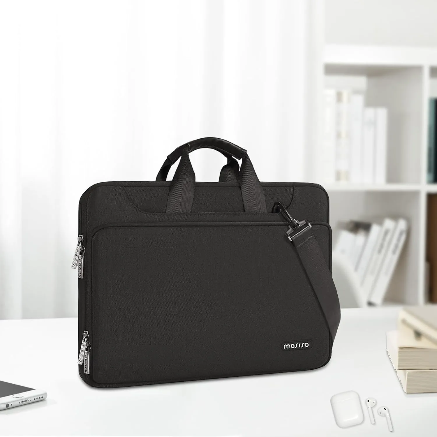 MOSISO 360 Protective Laptop Shoulder Bag Compatible with MacBook Air/Pro, 13-13.3 inch Notebook, Compatible with MacBook Pro 14 inch M4 M3 M2 M1,Matching Color Sleeve with Belt, Black