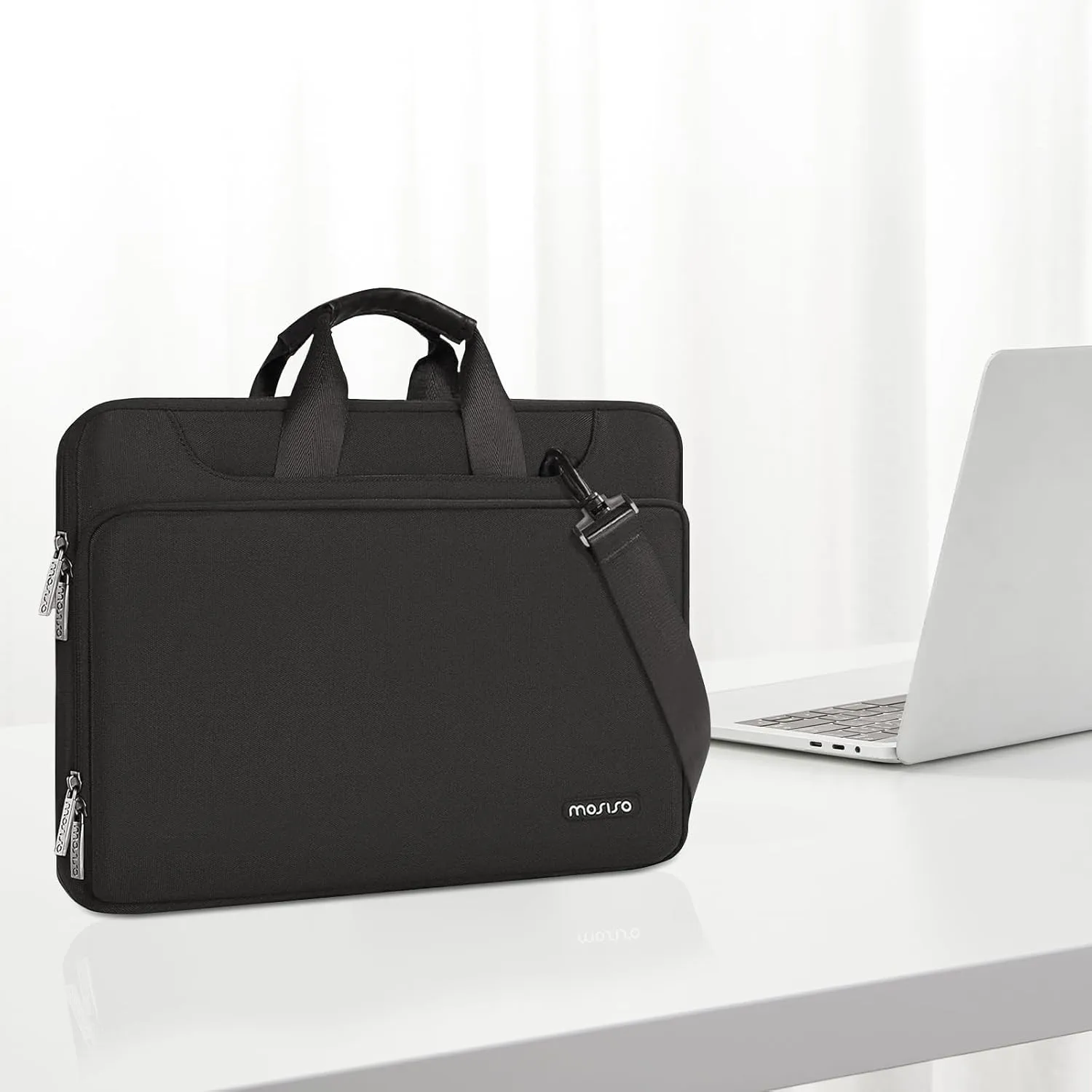 MOSISO 360 Protective Laptop Shoulder Bag Compatible with MacBook Air/Pro, 13-13.3 inch Notebook, Compatible with MacBook Pro 14 inch M4 M3 M2 M1,Matching Color Sleeve with Belt, Black