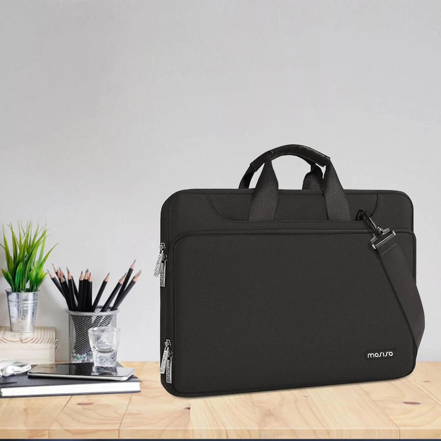 MOSISO 360 Protective Laptop Shoulder Bag Compatible with MacBook Air/Pro, 13-13.3 inch Notebook, Compatible with MacBook Pro 14 inch M4 M3 M2 M1,Matching Color Sleeve with Belt, Black