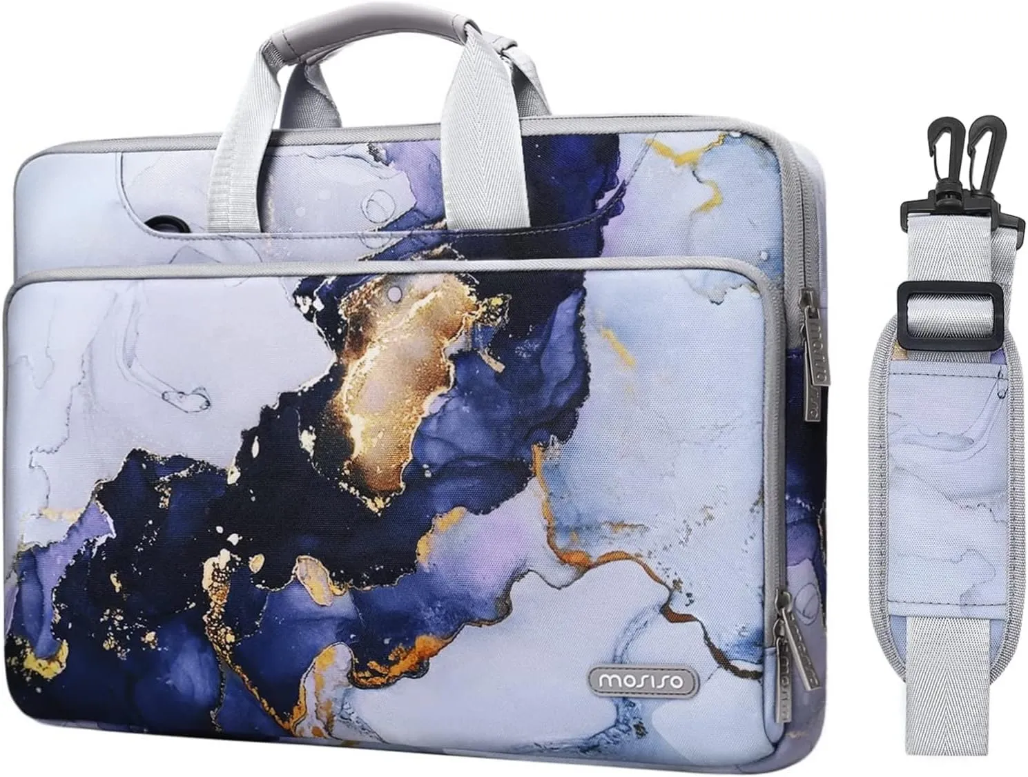 MOSISO 360 Protective Laptop Shoulder Bag Compatible with MacBook Air/Pro,13-13.3 inch Notebook,Compatible with MacBook Pro 14 inch M3 M2 M1 2023-2021, Polyester Sleeve with Belt Marble MO-MBH348