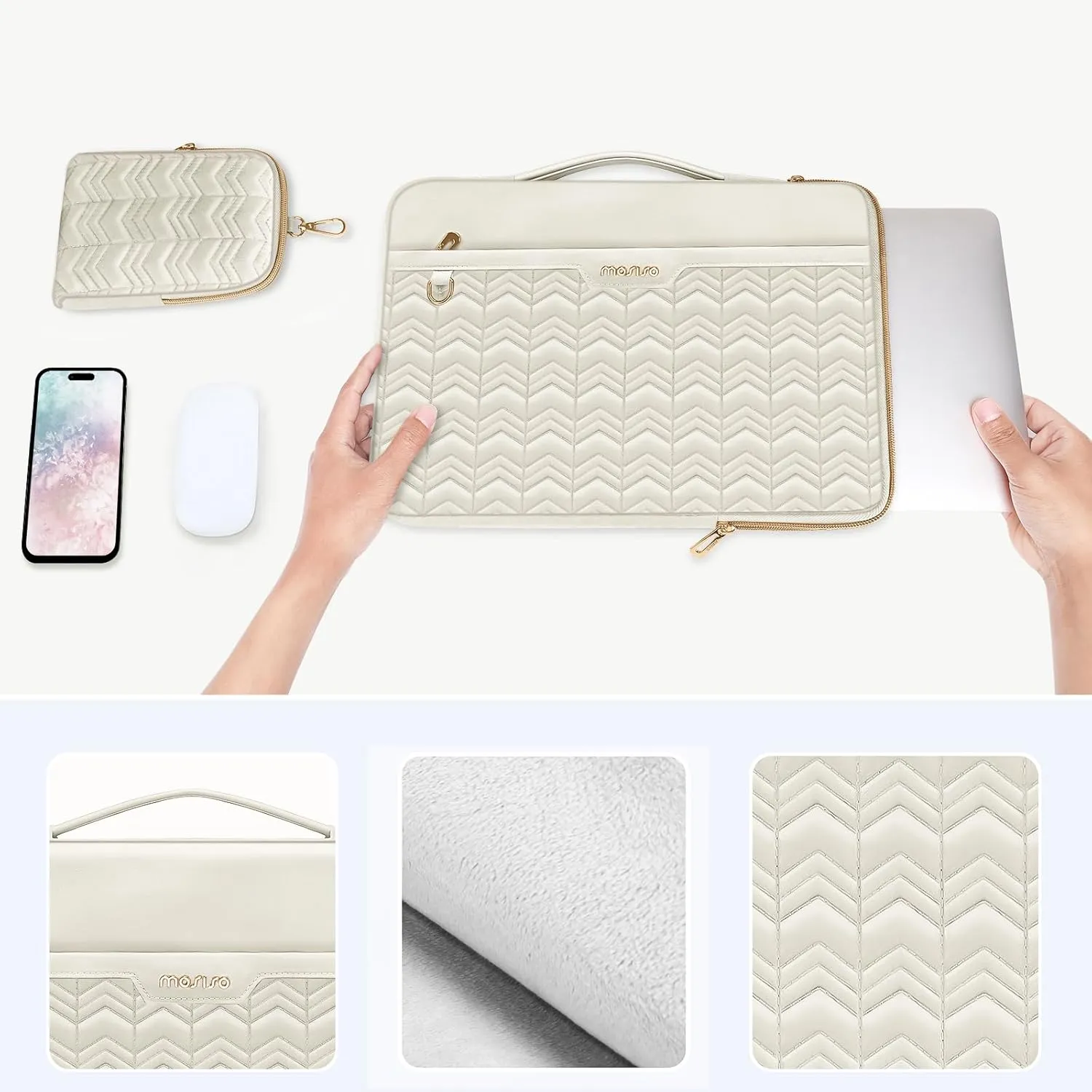 MOSISO 360 Protective Laptop Sleeve 13-13.3 inch, Compatible with MacBook Air 13 M2 M1, Compatible with MacBook Pro 13/14, Wavy Quilted Side Open Bag with Horizontal Pockets&Small Case, Sand