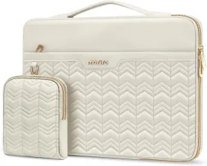 MOSISO 360 Protective Laptop Sleeve 13-13.3 inch, Compatible with MacBook Air 13 M2 M1, Compatible with MacBook Pro 13/14, Wavy Quilted Side Open Bag with Horizontal Pockets&Small Case, Sand