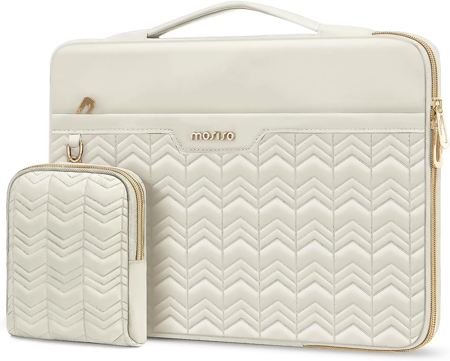 MOSISO 360 Protective Laptop Sleeve 13-13.3 inch, Compatible with MacBook Air 13 M2 M1, Compatible with MacBook Pro 13/14, Wavy Quilted Side Open Bag with Horizontal Pockets&Small Case, Sand