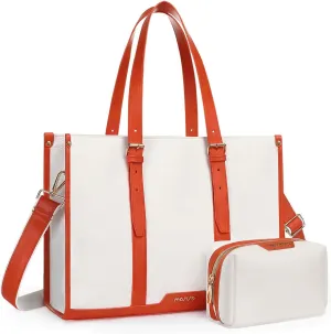 MOSISO Laptop Bag for Women, 15.6 inch Canvas Tote Bags with USB Port, 16 inch Large Capacity Messenger Shoulder Computer Bag Casual Handbag Work Briefcase for Office with Clutch Bag, Beige