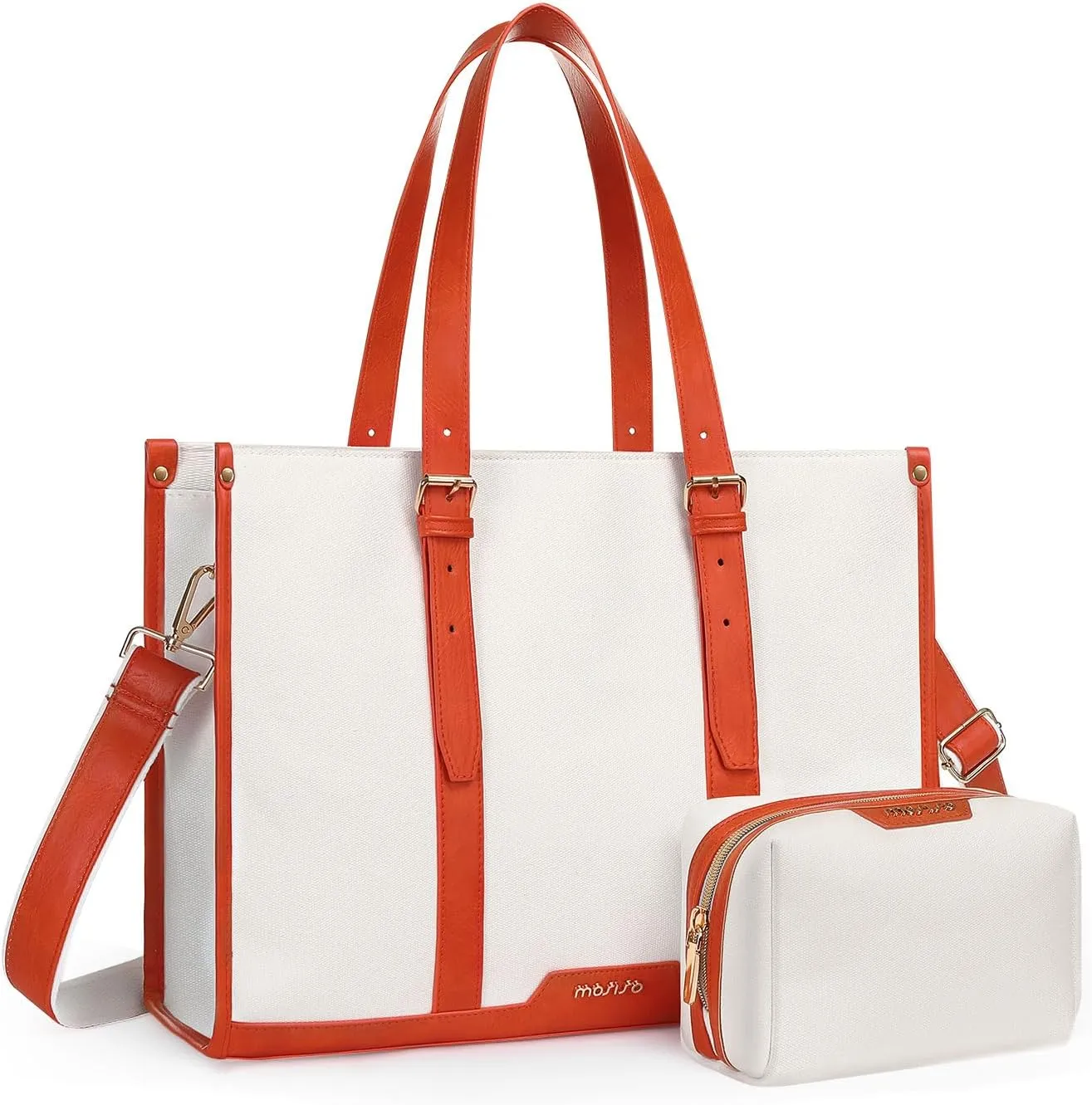 MOSISO Laptop Bag for Women, 15.6 inch Canvas Tote Bags with USB Port, 16 inch Large Capacity Messenger Shoulder Computer Bag Casual Handbag Work Briefcase for Office with Clutch Bag, Beige