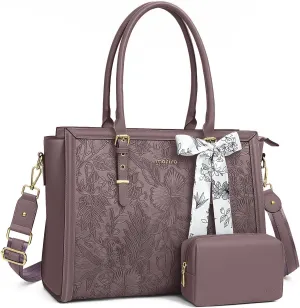 MOSISO Laptop Bag for Women, 17-17.3 inch PU Leather Tote Bag Compatible with MacBook, HP, Dell, Asus Notebook, Front Embossed Retro Hibiscus Computer Bag with Silk Scarf&Clutch Purse, Slate Purple