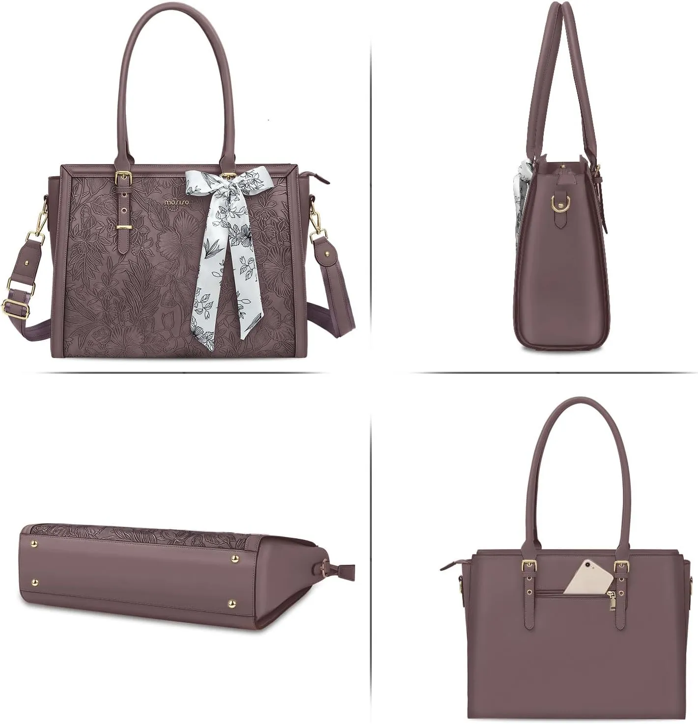 MOSISO Laptop Bag for Women, 17-17.3 inch PU Leather Tote Bag Compatible with MacBook, HP, Dell, Asus Notebook, Front Embossed Retro Hibiscus Computer Bag with Silk Scarf&Clutch Purse, Slate Purple