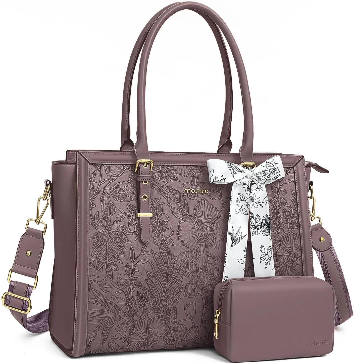 MOSISO Laptop Bag for Women, 17-17.3 inch PU Leather Tote Bag Compatible with MacBook, HP, Dell, Asus Notebook, Front Embossed Retro Hibiscus Computer Bag with Silk Scarf&Clutch Purse, Slate Purple