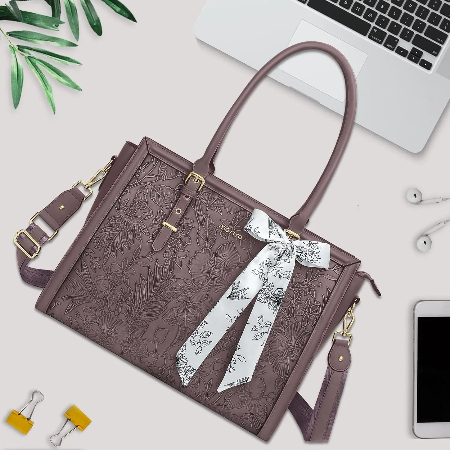 MOSISO Laptop Bag for Women, 17-17.3 inch PU Leather Tote Bag Compatible with MacBook, HP, Dell, Asus Notebook, Front Embossed Retro Hibiscus Computer Bag with Silk Scarf&Clutch Purse, Slate Purple
