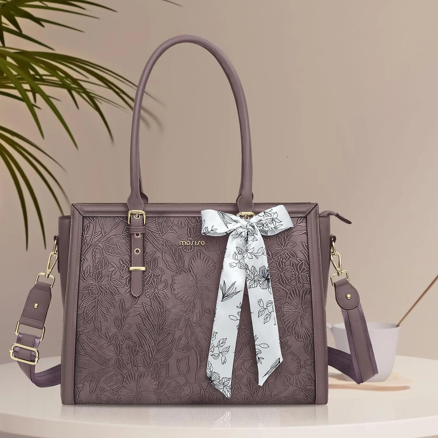 MOSISO Laptop Bag for Women, 17-17.3 inch PU Leather Tote Bag Compatible with MacBook, HP, Dell, Asus Notebook, Front Embossed Retro Hibiscus Computer Bag with Silk Scarf&Clutch Purse, Slate Purple