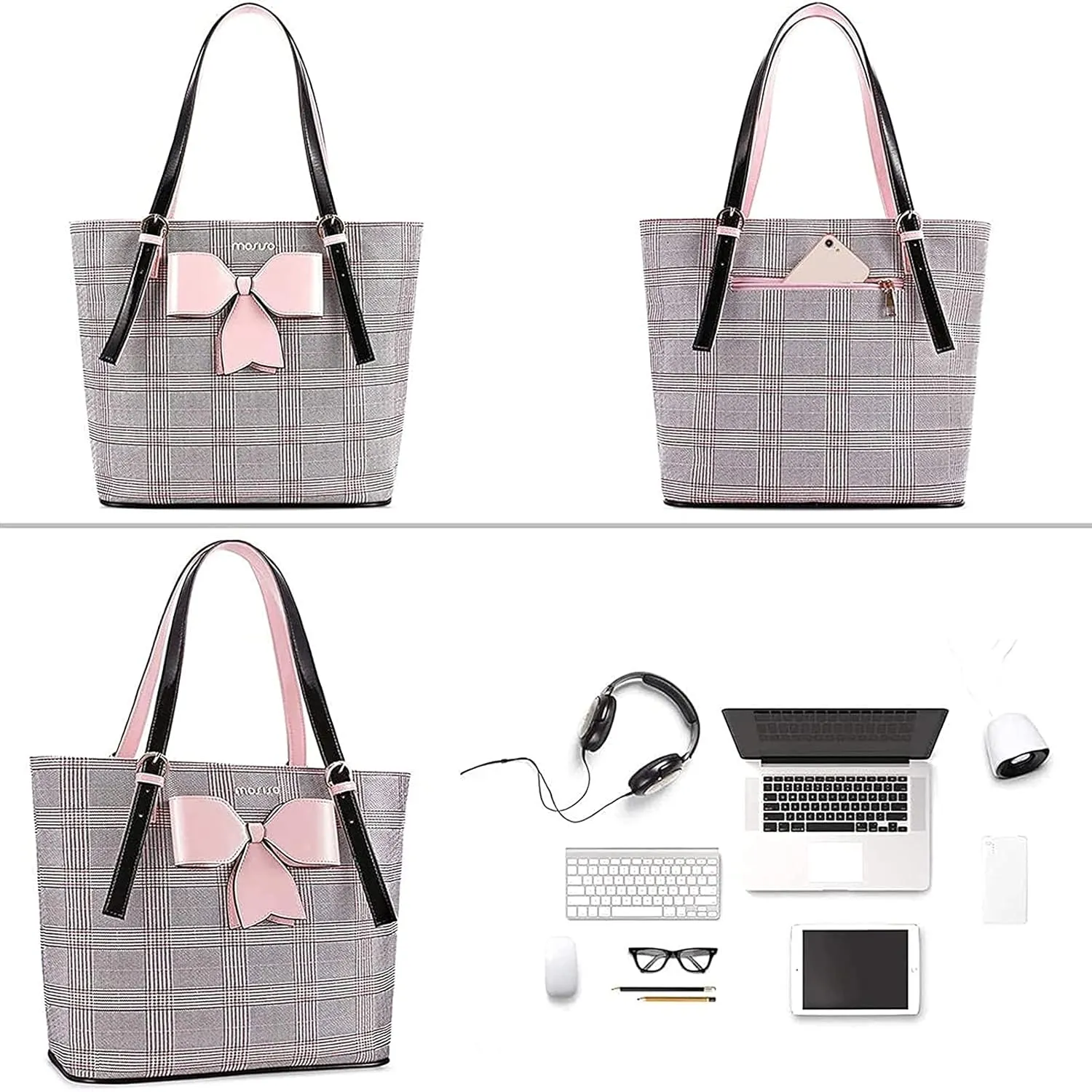 MOSISO Laptop Bag for Women Compatible with MacBook Air 15 inch M2 A2941 2023/Pro 16 inch M3 M2 M1 2023-2019, PU Leather Large Capacity Travel Briefcase with Bowknot Grid MO-GID001GYPK